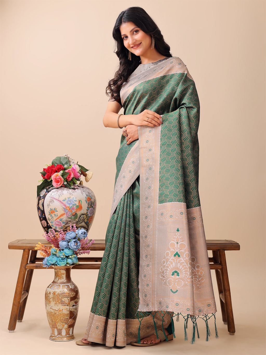 Shree Shyam Fashion Graceful Green & Beige Lichi Silk Saree with Elegant Woven Pallu - Timeless Beauty for Every Occasion | Grocsy