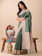 Shree Shyam Fashion Graceful Green & Beige Lichi Silk Saree with Elegant Woven Pallu - Timeless Beauty for Every Occasion | Grocsy