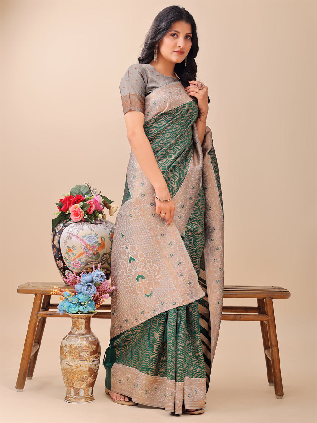 Shree Shyam Fashion Graceful Green & Beige Lichi Silk Saree with Elegant Woven Pallu - Timeless Beauty for Every Occasion | Grocsy