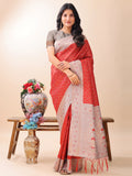Shree Shyam Fashion Graceful Red & Beige Lichi Silk Saree with Elegant Woven Pallu - Timeless Beauty for Every Occasion | Grocsy