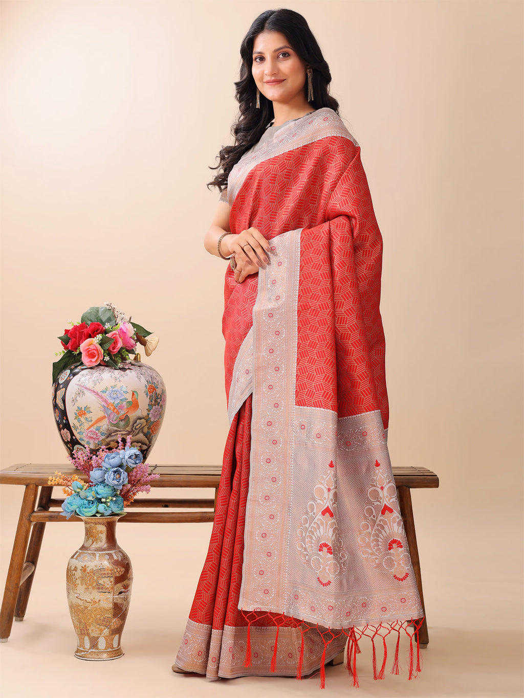 Shree Shyam Fashion Graceful Red & Beige Lichi Silk Saree with Elegant Woven Pallu - Timeless Beauty for Every Occasion | Grocsy