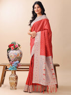 Shree Shyam Fashion Graceful Red & Beige Lichi Silk Saree with Elegant Woven Pallu - Timeless Beauty for Every Occasion | Grocsy