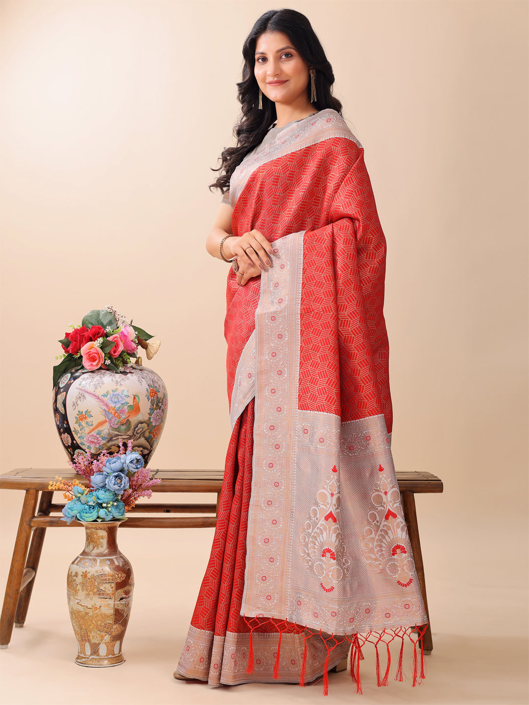 Shree Shyam Fashion Graceful Red & Beige Lichi Silk Saree with Elegant Woven Pallu - Timeless Beauty for Every Occasion | Grocsy