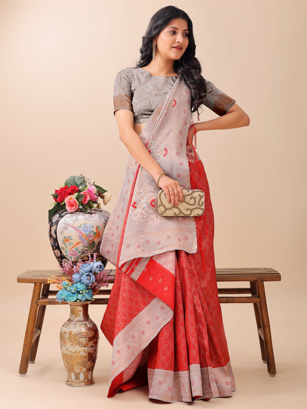 Shree Shyam Fashion Graceful Red & Beige Lichi Silk Saree with Elegant Woven Pallu - Timeless Beauty for Every Occasion | Grocsy