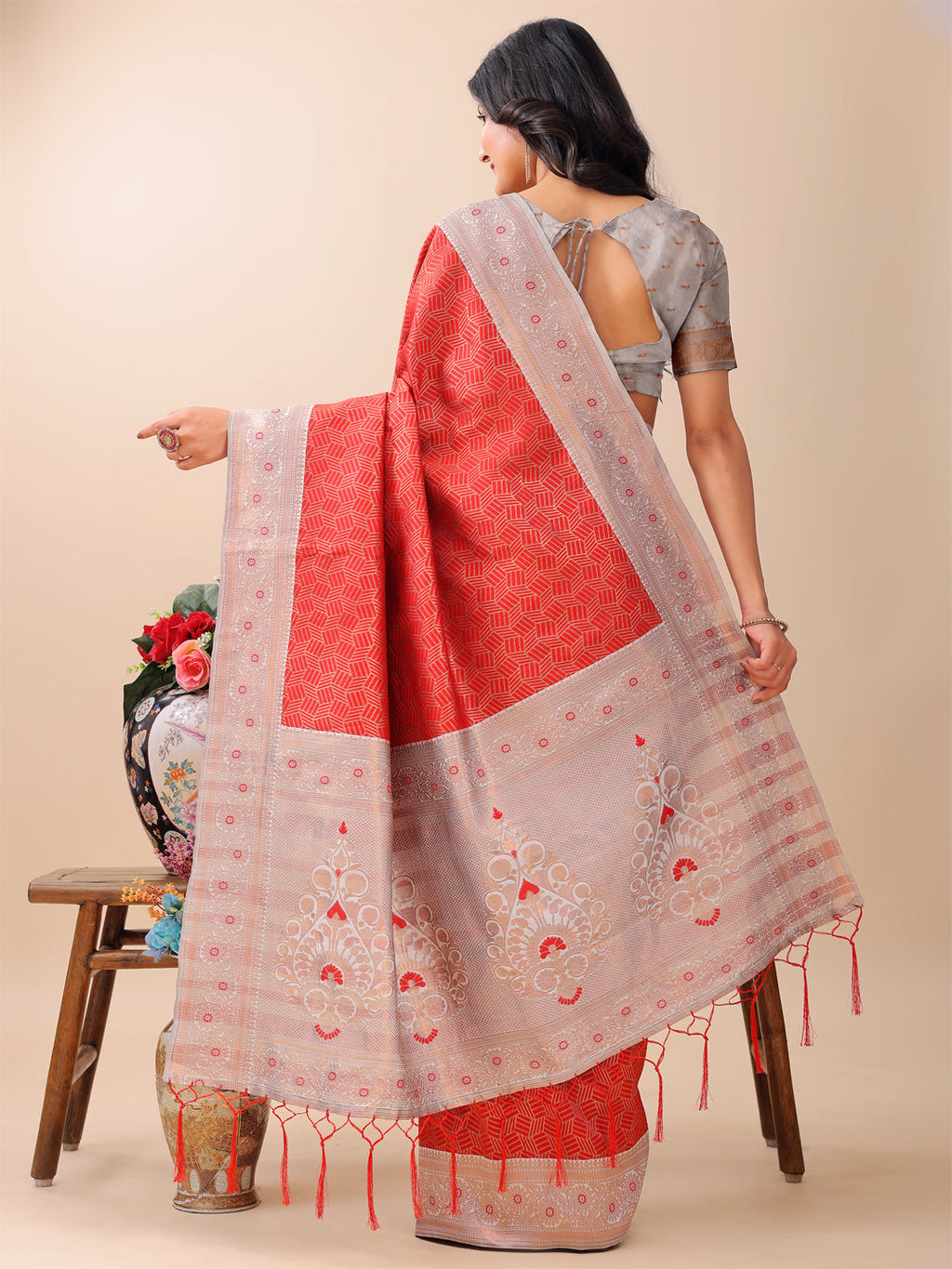 Shree Shyam Fashion Graceful Red & Beige Lichi Silk Saree with Elegant Woven Pallu - Timeless Beauty for Every Occasion | Grocsy