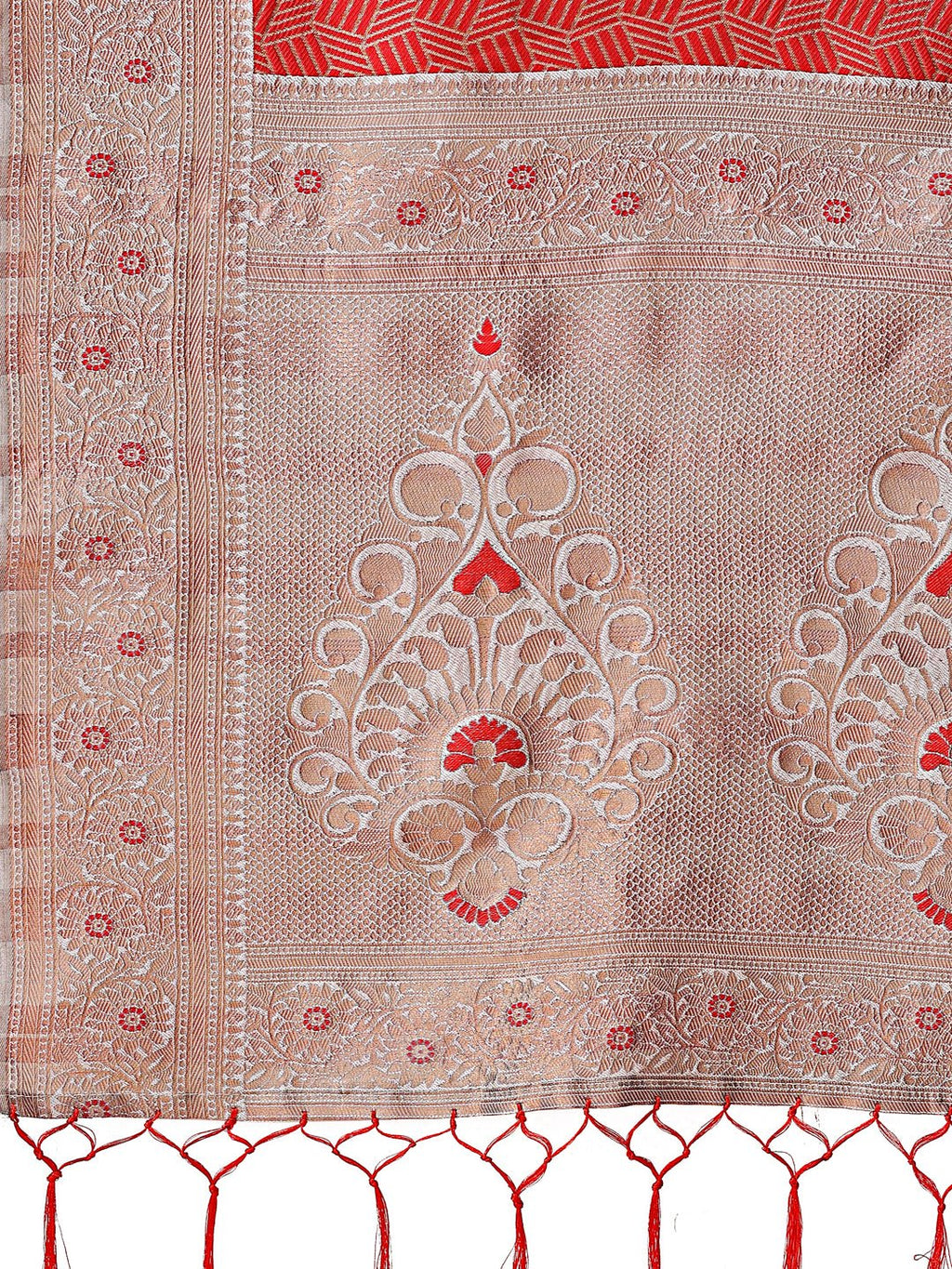 Shree Shyam Fashion Graceful Red & Beige Lichi Silk Saree with Elegant Woven Pallu - Timeless Beauty for Every Occasion | Grocsy
