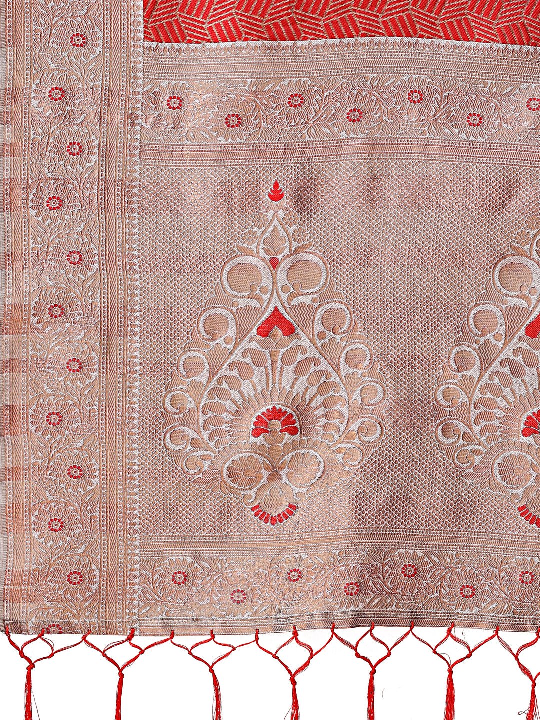Shree Shyam Fashion Graceful Red & Beige Lichi Silk Saree with Elegant Woven Pallu - Timeless Beauty for Every Occasion | Grocsy