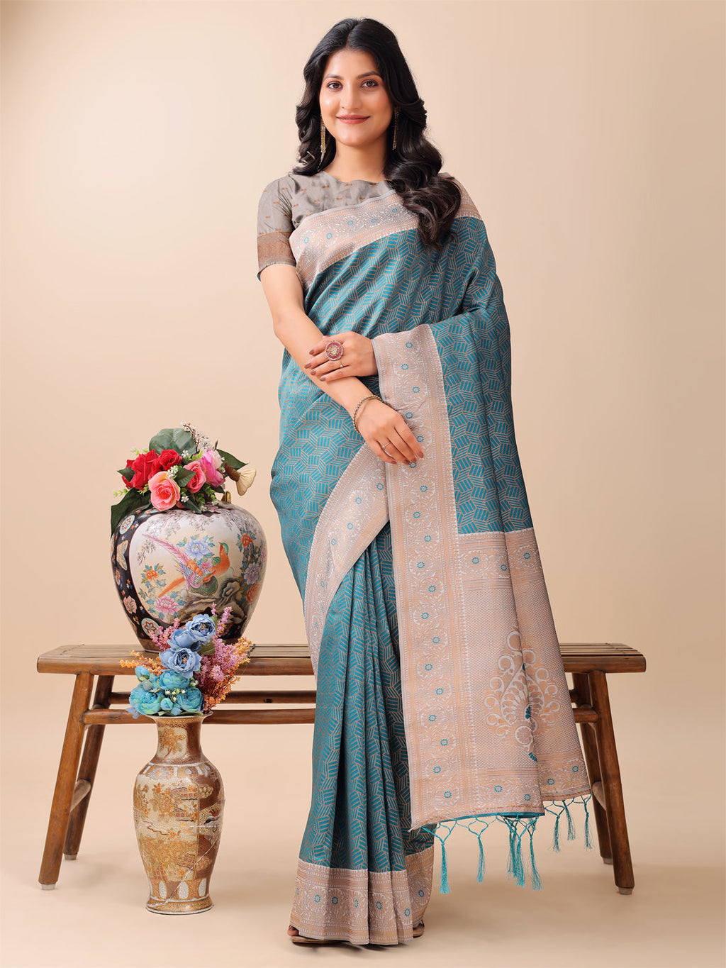 Shree Shyam Fashion Graceful Teal & Beige Lichi Silk Saree with Elegant Woven Pallu - Timeless Beauty for Every Occasion | Grocsy
