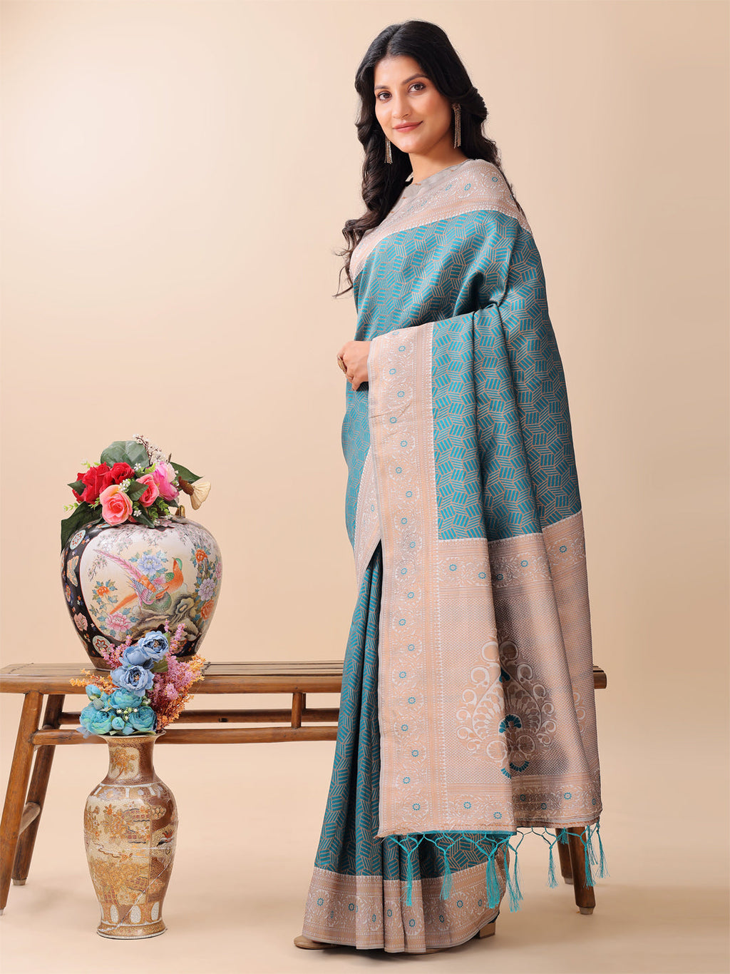 Shree Shyam Fashion Graceful Teal & Beige Lichi Silk Saree with Elegant Woven Pallu - Timeless Beauty for Every Occasion | Grocsy