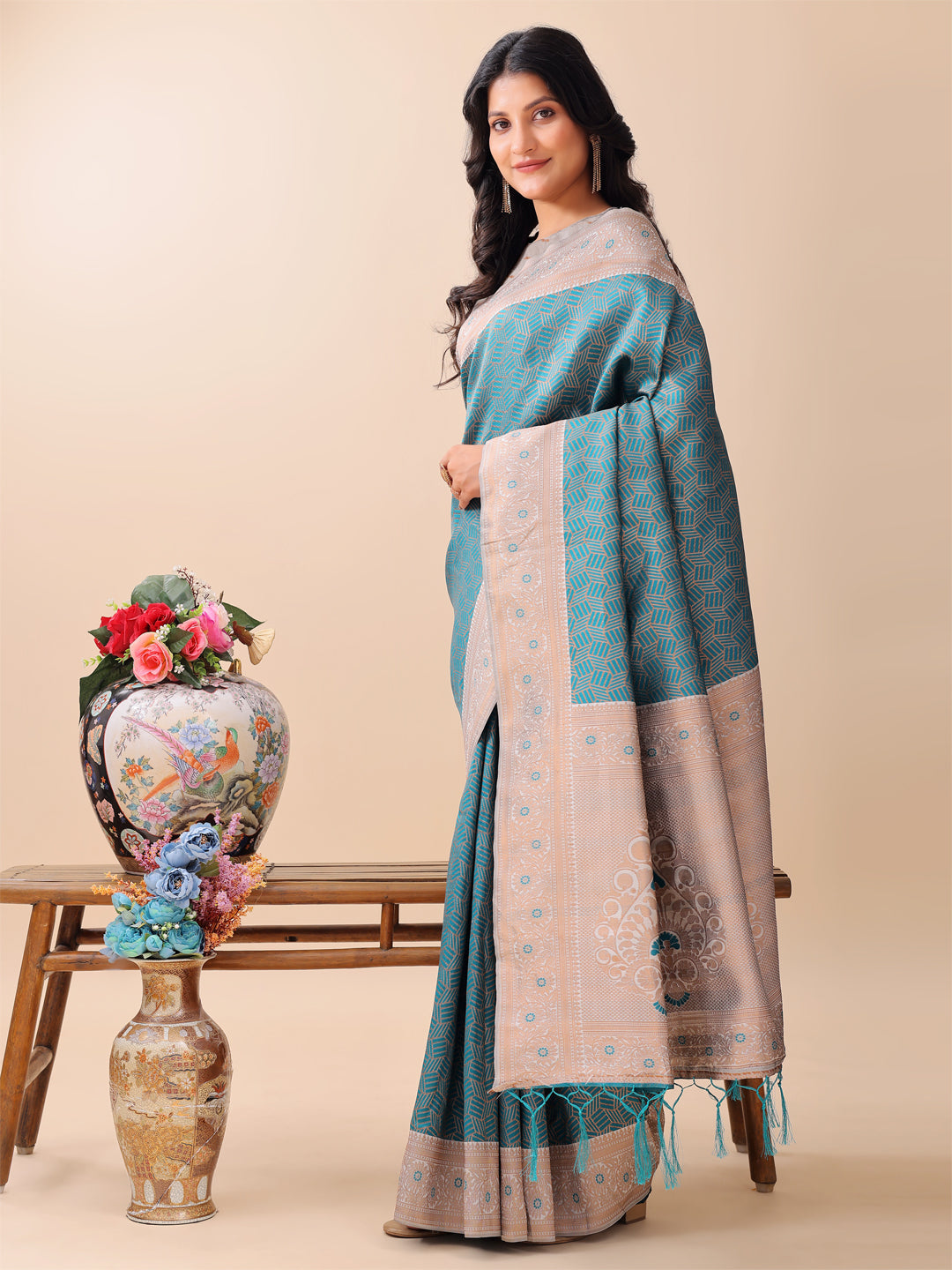 Shree Shyam Fashion Graceful Teal & Beige Lichi Silk Saree with Elegant Woven Pallu - Timeless Beauty for Every Occasion | Grocsy