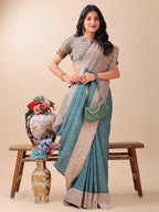 Shree Shyam Fashion Graceful Teal & Beige Lichi Silk Saree with Elegant Woven Pallu - Timeless Beauty for Every Occasion | Grocsy