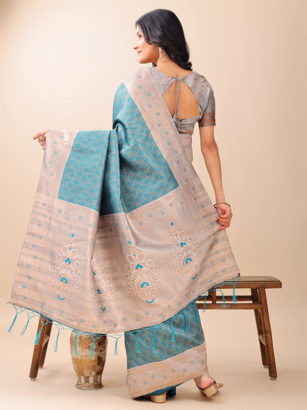 Shree Shyam Fashion Graceful Teal & Beige Lichi Silk Saree with Elegant Woven Pallu - Timeless Beauty for Every Occasion | Grocsy