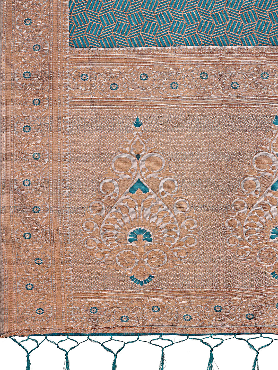 Shree Shyam Fashion Graceful Teal & Beige Lichi Silk Saree with Elegant Woven Pallu - Timeless Beauty for Every Occasion | Grocsy