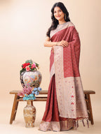 Shree Shyam Fashion Graceful Maroon & Beige Lichi Silk Saree with Elegant Woven Pallu - Timeless Beauty for Every Occasion | Grocsy