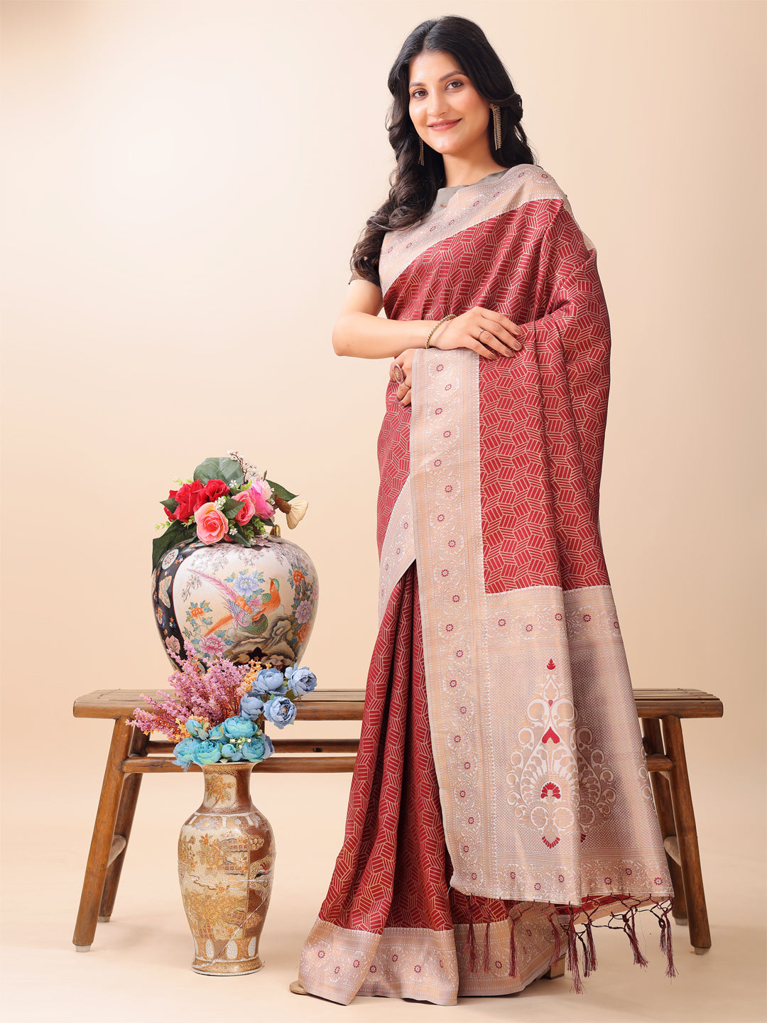 Shree Shyam Fashion Graceful Maroon & Beige Lichi Silk Saree with Elegant Woven Pallu - Timeless Beauty for Every Occasion | Grocsy