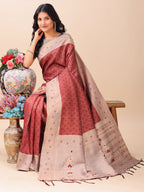 Shree Shyam Fashion Graceful Maroon & Beige Lichi Silk Saree with Elegant Woven Pallu - Timeless Beauty for Every Occasion | Grocsy
