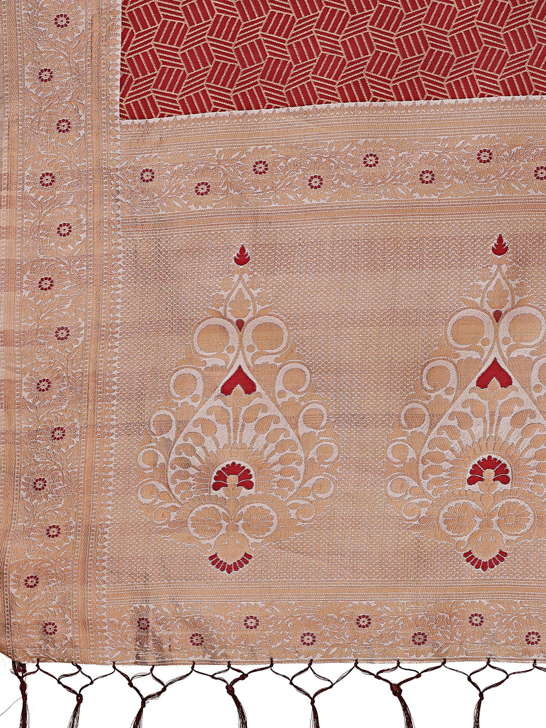 Shree Shyam Fashion Graceful Maroon & Beige Lichi Silk Saree with Elegant Woven Pallu - Timeless Beauty for Every Occasion | Grocsy