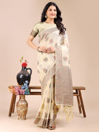 Shree Shyam Fashion Cream Cotton Woven Zari Work Traditional Tassel Saree | Grocsy