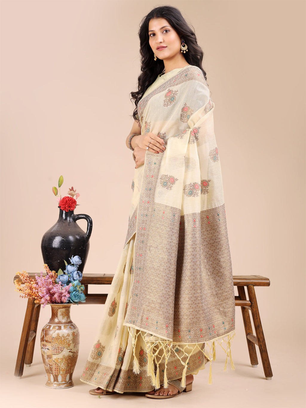 Shree Shyam Fashion Cream Cotton Woven Zari Work Traditional Tassel Saree | Grocsy