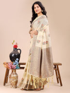 Shree Shyam Fashion Cream Cotton Woven Zari Work Traditional Tassel Saree | Grocsy