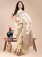 Shree Shyam Fashion Cream Cotton Woven Zari Work Traditional Tassel Saree | Grocsy