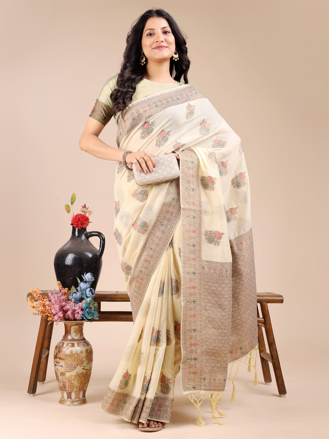 Shree Shyam Fashion Cream Cotton Woven Zari Work Traditional Tassel Saree | Grocsy