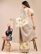 Shree Shyam Fashion Cream Cotton Woven Zari Work Traditional Tassel Saree | Grocsy