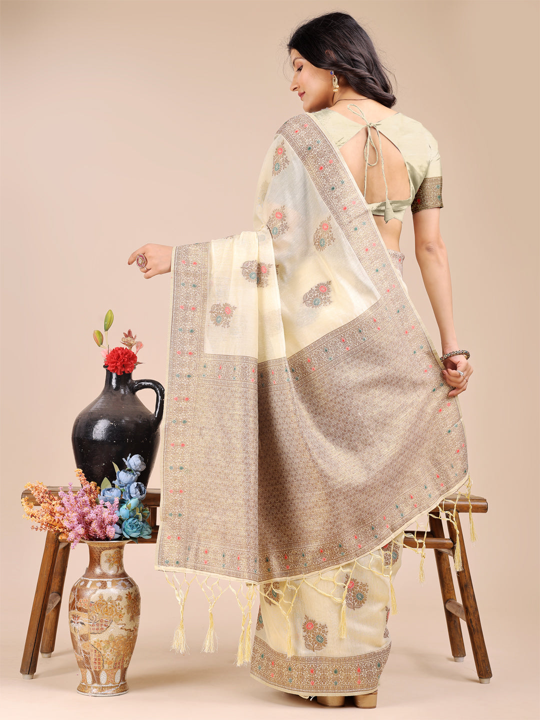 Shree Shyam Fashion Cream Cotton Woven Zari Work Traditional Tassel Saree | Grocsy