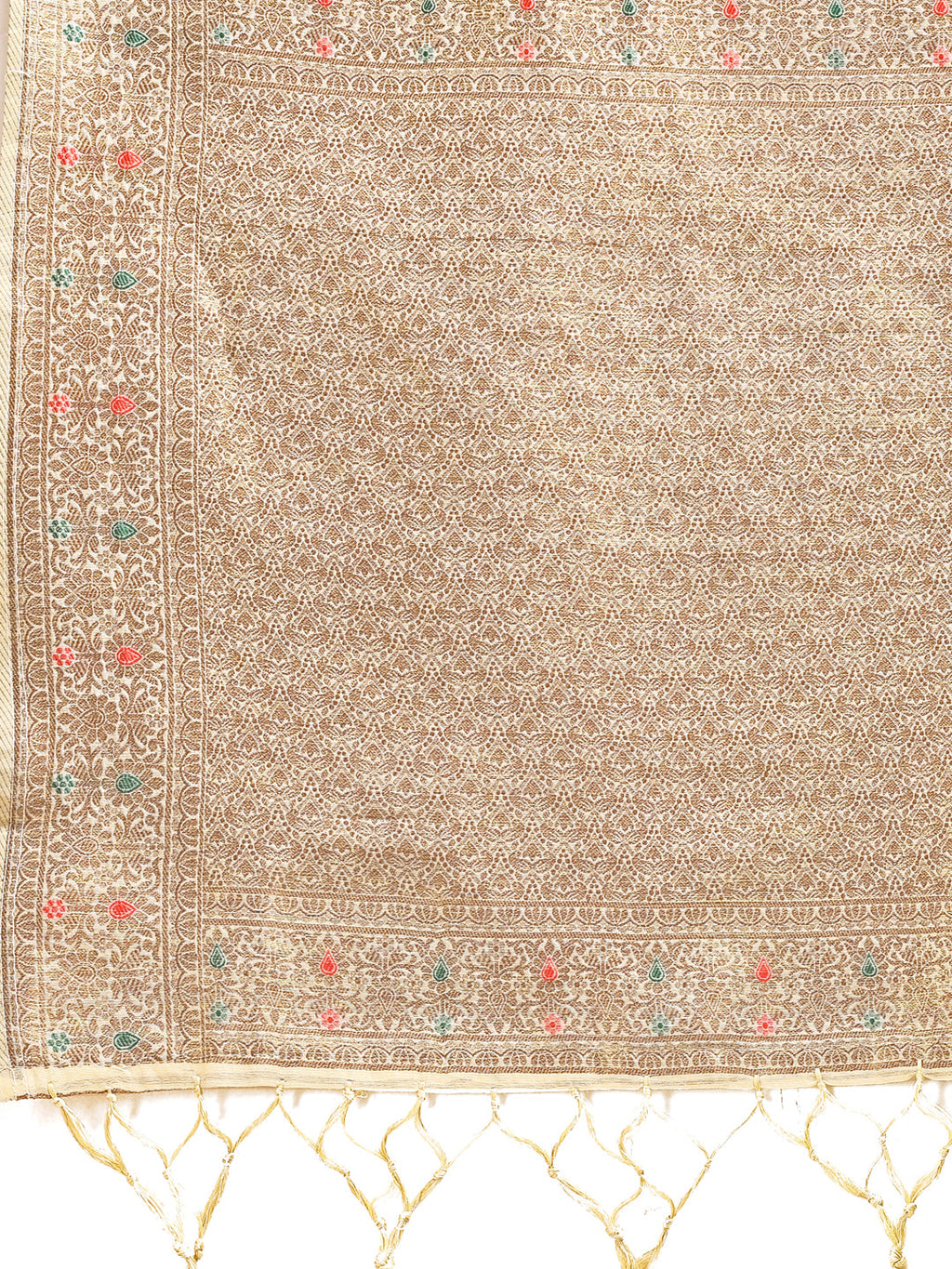 Shree Shyam Fashion Cream Cotton Woven Zari Work Traditional Tassel Saree | Grocsy