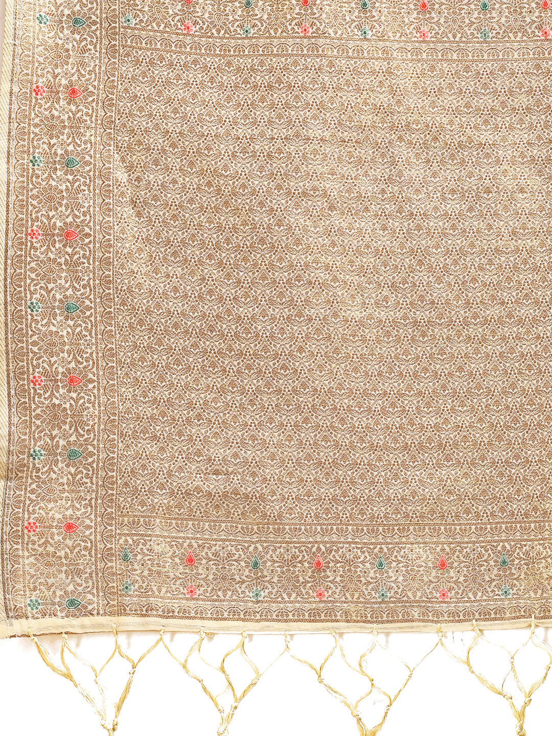 Shree Shyam Fashion Cream Cotton Woven Zari Work Traditional Tassel Saree | Grocsy