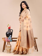 Shree Shyam Fashion Peach Cotton Woven Zari Work Traditional Tassel Saree | Grocsy