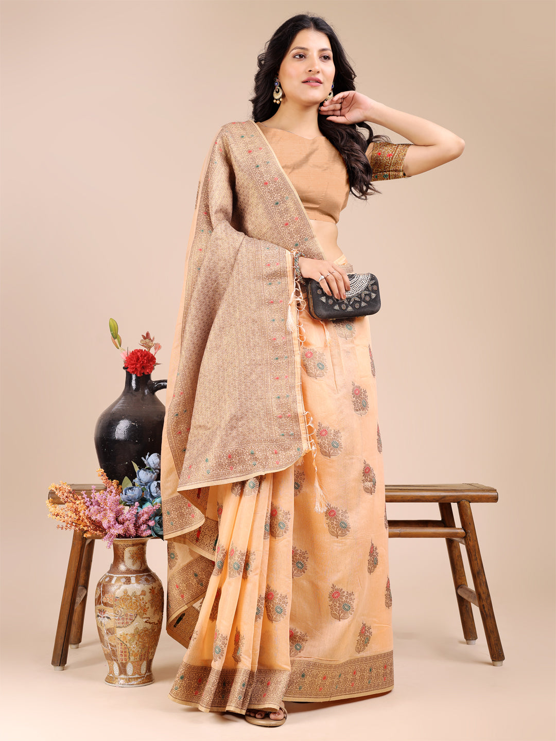 Shree Shyam Fashion Peach Cotton Woven Zari Work Traditional Tassel Saree | Grocsy