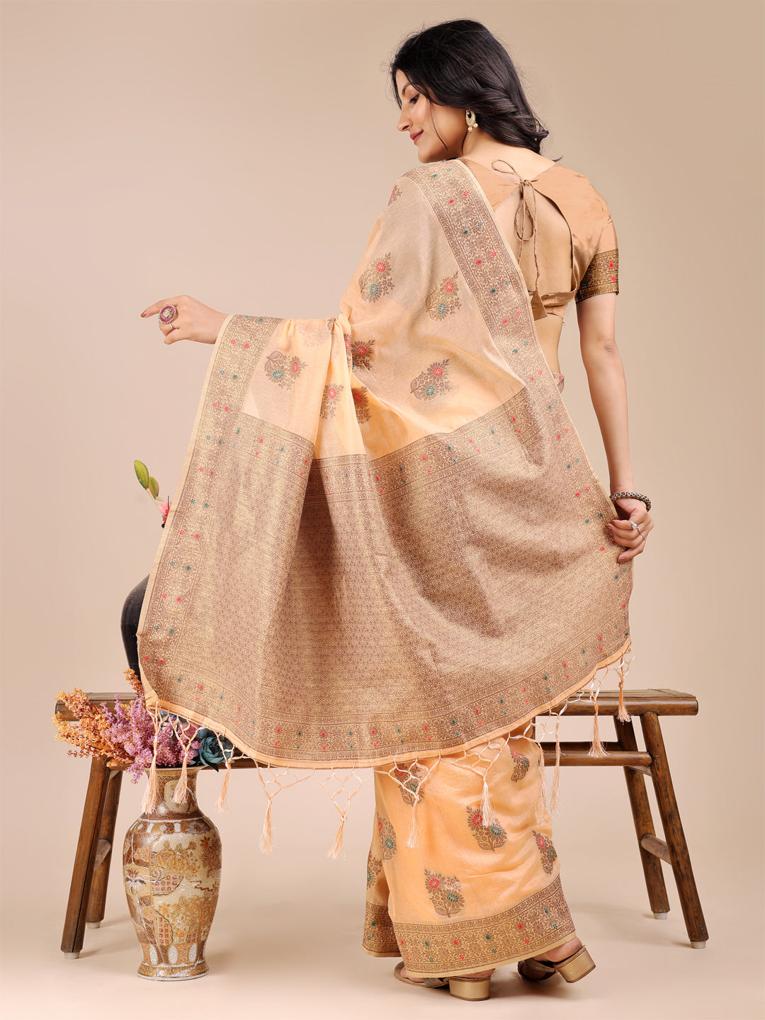 Shree Shyam Fashion Peach Cotton Woven Zari Work Traditional Tassel Saree | Grocsy