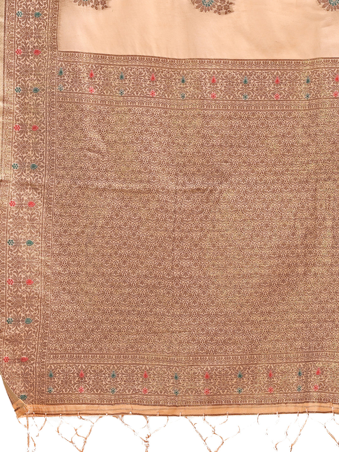 Shree Shyam Fashion Peach Cotton Woven Zari Work Traditional Tassel Saree | Grocsy