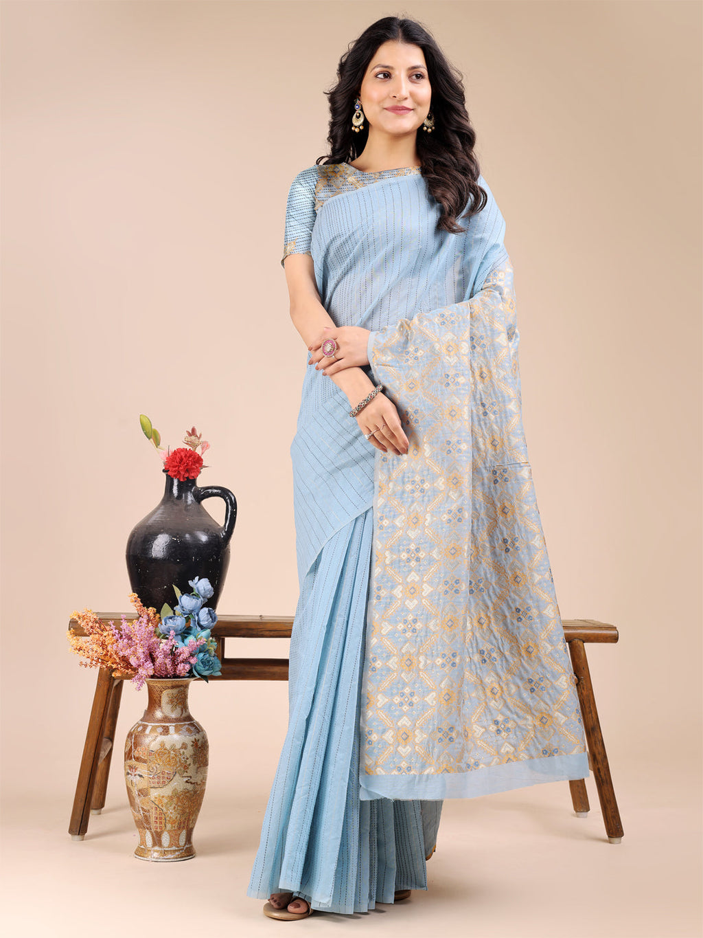 Shree Shyam Fashion Sky Blue Cotton Woven Zari Work Traditional Tassel Saree | Grocsy