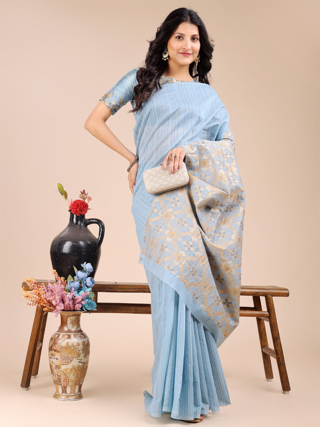 Shree Shyam Fashion Sky Blue Cotton Woven Zari Work Traditional Tassel Saree | Grocsy