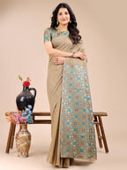 Shree Shyam Fashion Beige Cotton Woven Zari Work Traditional Tassel Saree | Grocsy