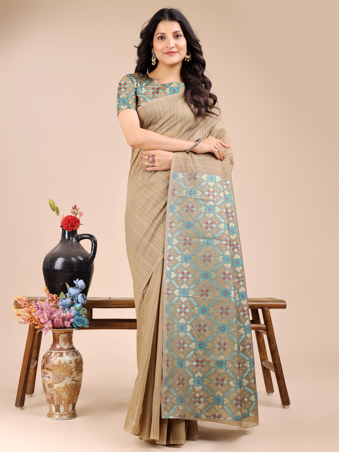 Shree Shyam Fashion Beige Cotton Woven Zari Work Traditional Tassel Saree | Grocsy