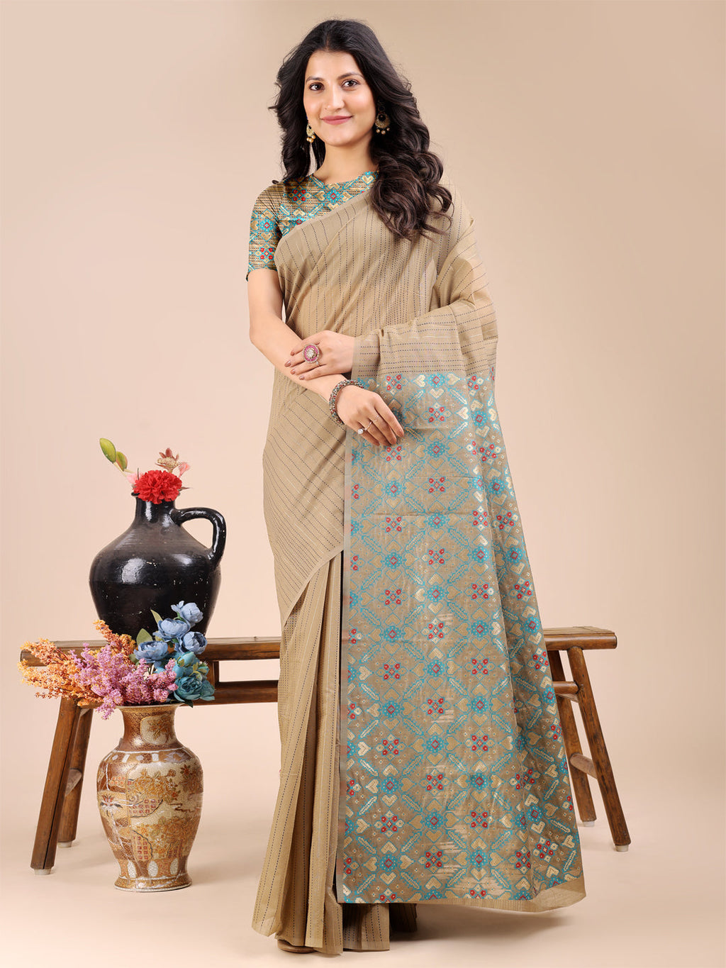 Shree Shyam Fashion Beige Cotton Woven Zari Work Traditional Tassel Saree | Grocsy