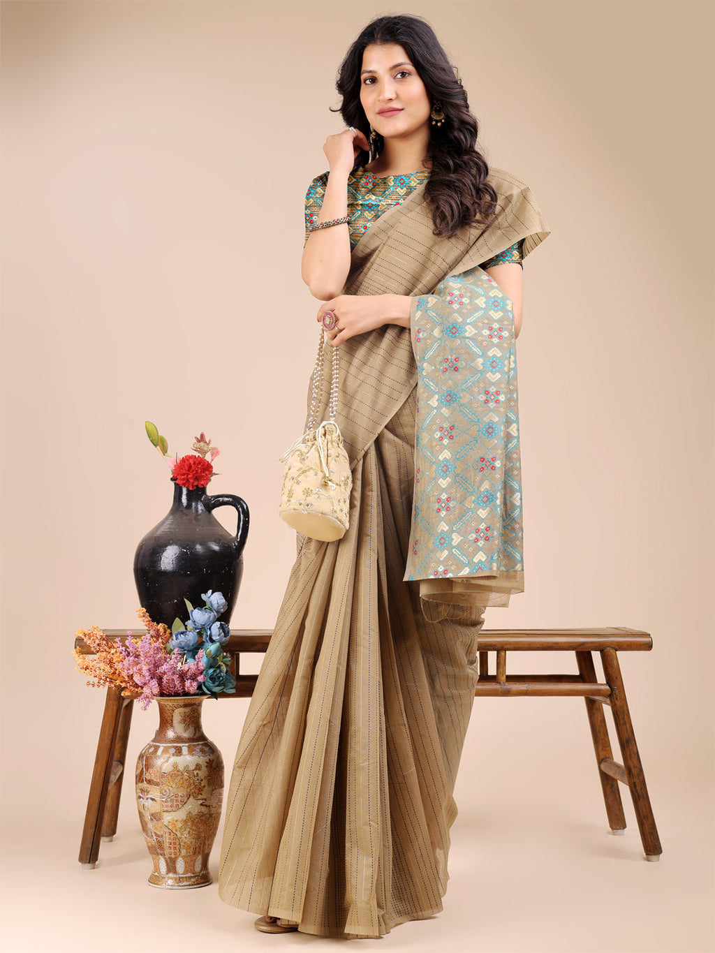 Shree Shyam Fashion Beige Cotton Woven Zari Work Traditional Tassel Saree | Grocsy