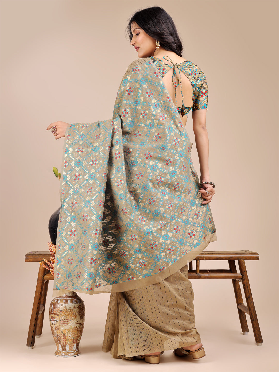 Shree Shyam Fashion Beige Cotton Woven Zari Work Traditional Tassel Saree | Grocsy