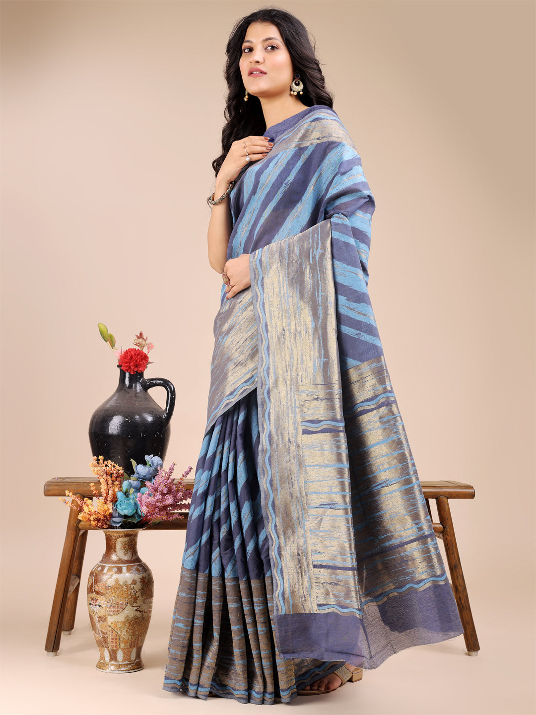 Shree Shyam Fashion Blue Cotton Woven Zari Work Traditional Tassel Saree | Grocsy