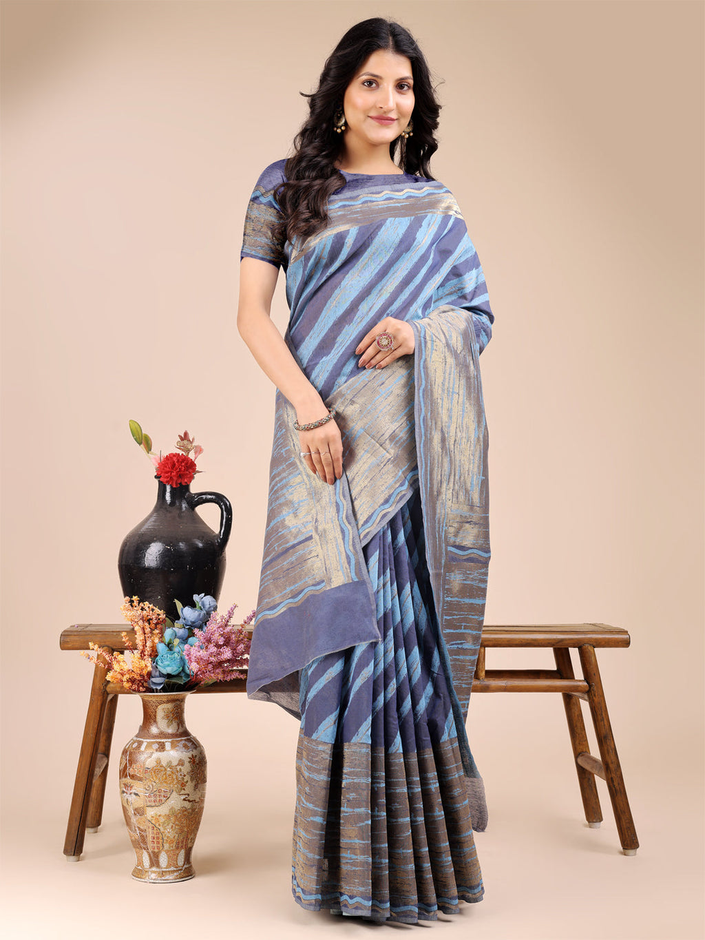 Shree Shyam Fashion Blue Cotton Woven Zari Work Traditional Tassel Saree | Grocsy