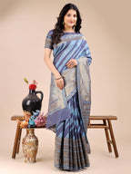 Shree Shyam Fashion Blue Cotton Woven Zari Work Traditional Tassel Saree | Grocsy
