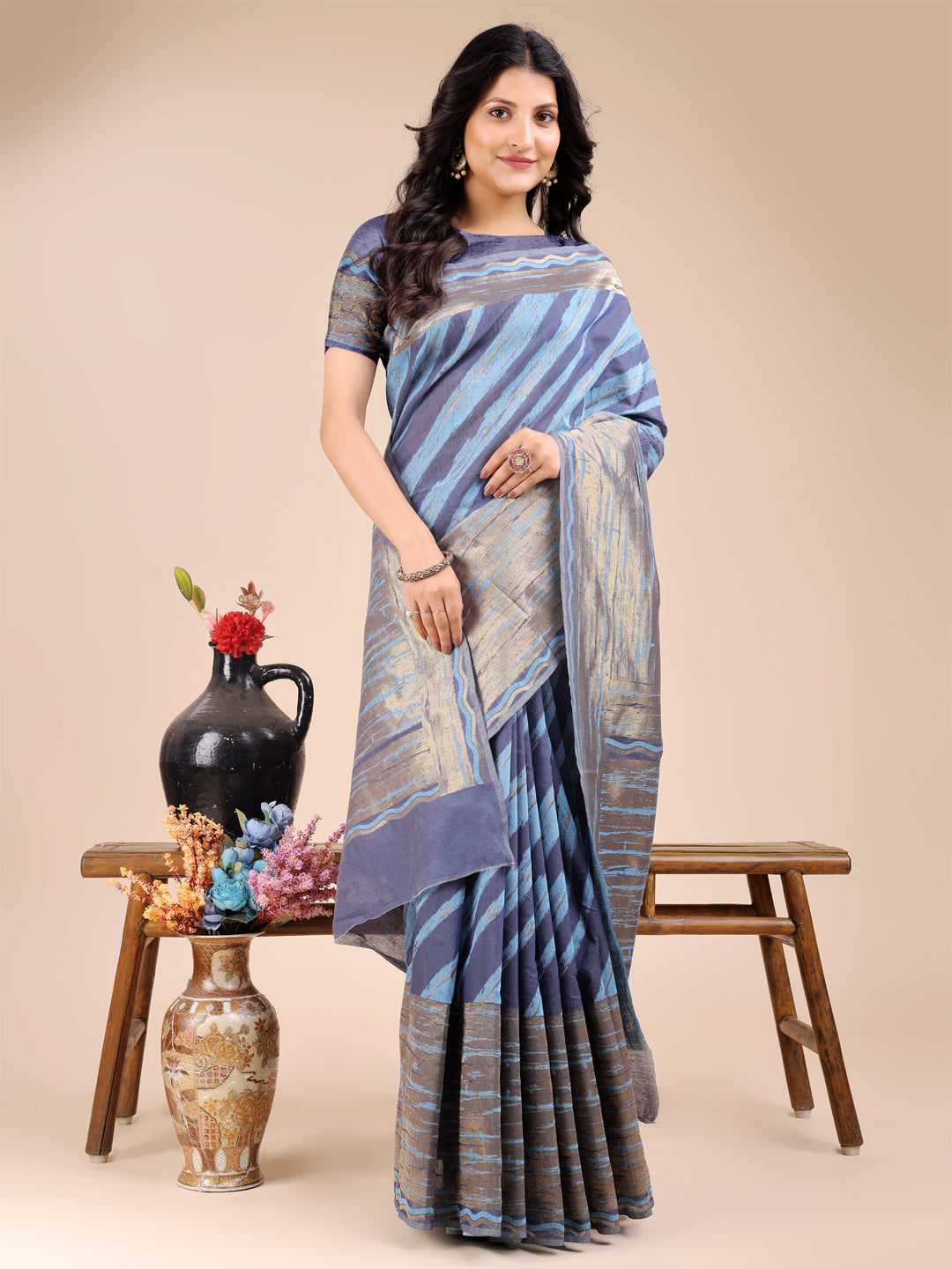 Shree Shyam Fashion Blue Cotton Woven Zari Work Traditional Tassel Saree | Grocsy