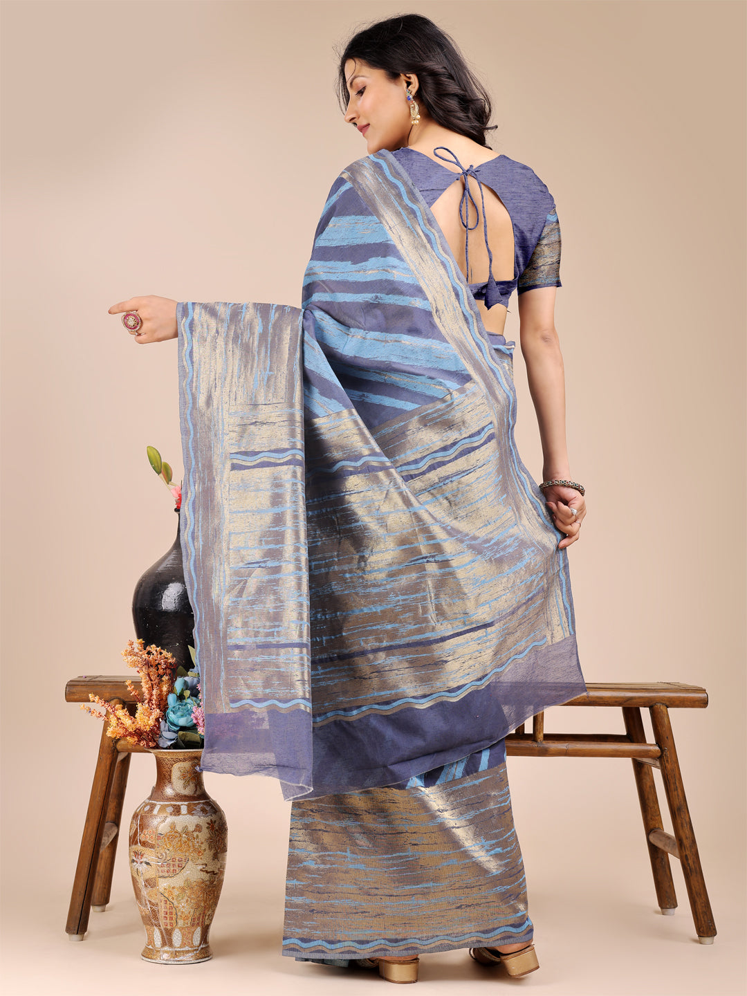 Shree Shyam Fashion Blue Cotton Woven Zari Work Traditional Tassel Saree | Grocsy