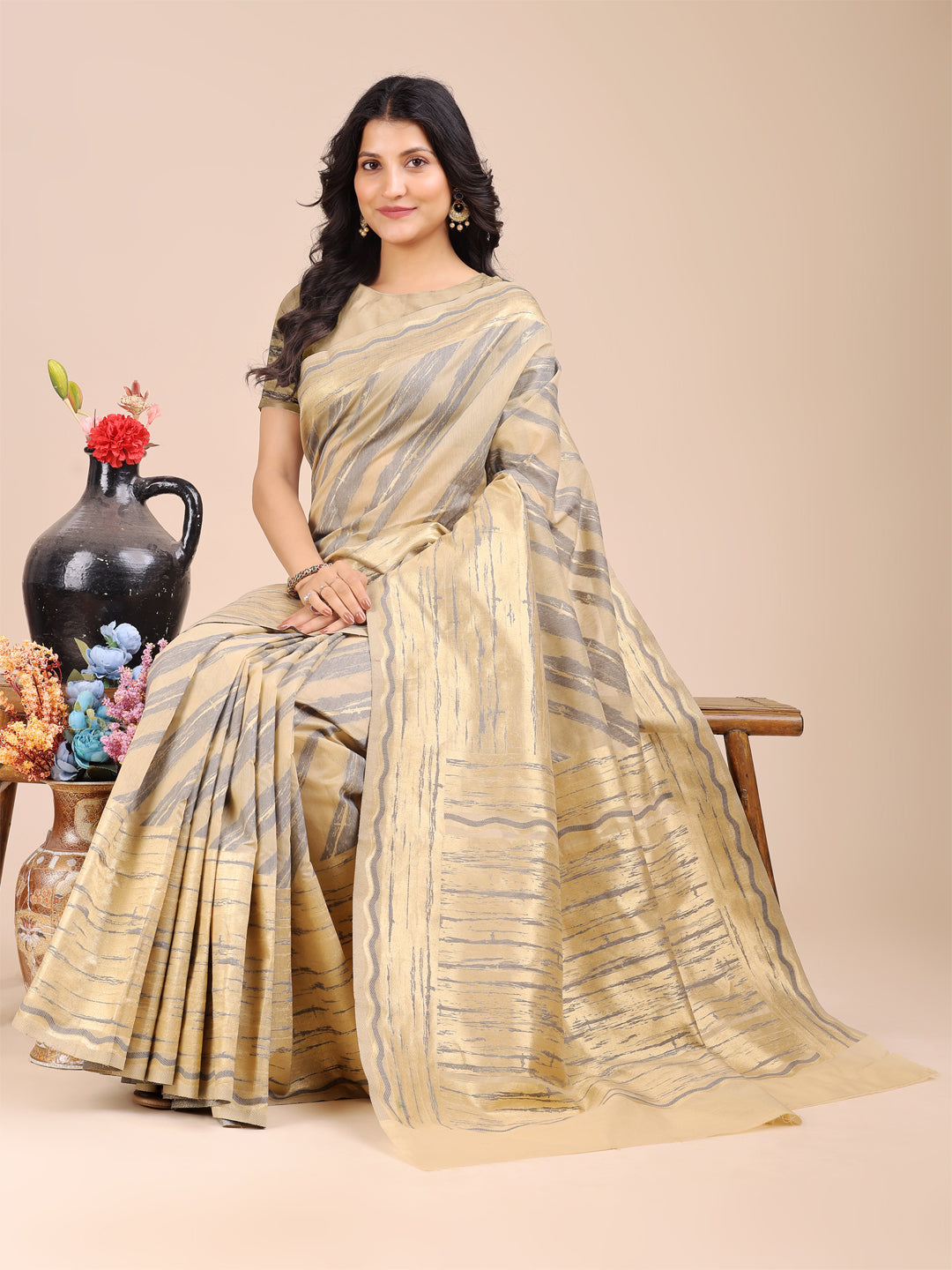 Shree Shyam Fashion Cream Cotton Woven Zari Work Traditional Tassel Saree | Grocsy