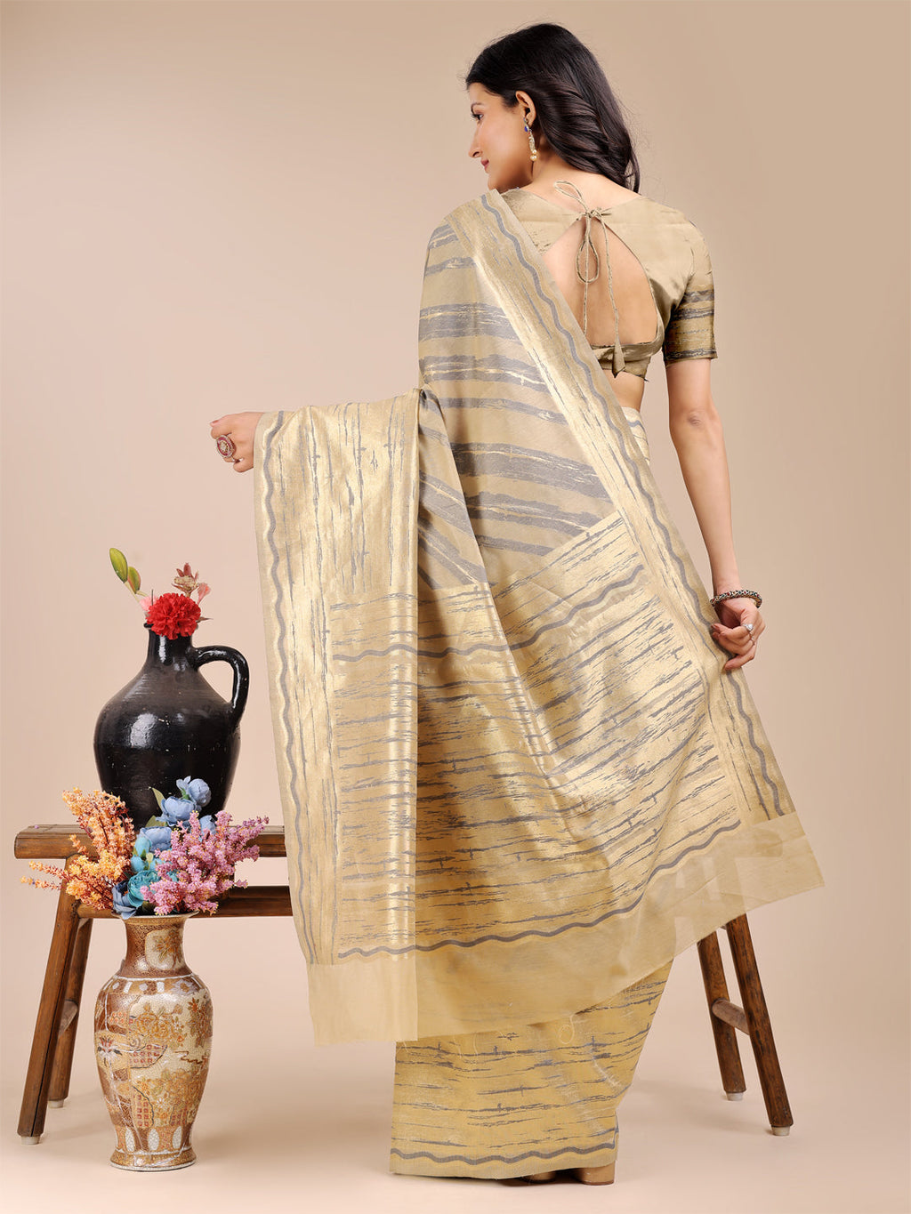 Shree Shyam Fashion Cream Cotton Woven Zari Work Traditional Tassel Saree | Grocsy