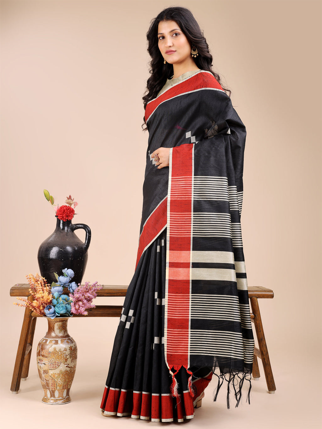 Shree Shyam Fashion Black Cotton Woven Zari Work Traditional Tassel Saree | Grocsy