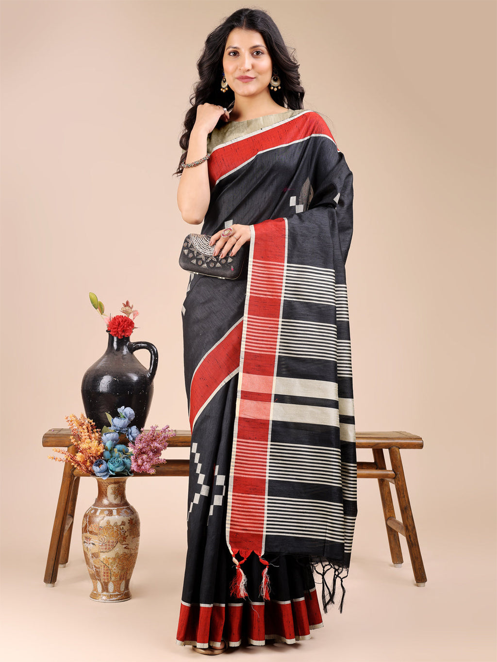 Shree Shyam Fashion Black Cotton Woven Zari Work Traditional Tassel Saree | Grocsy